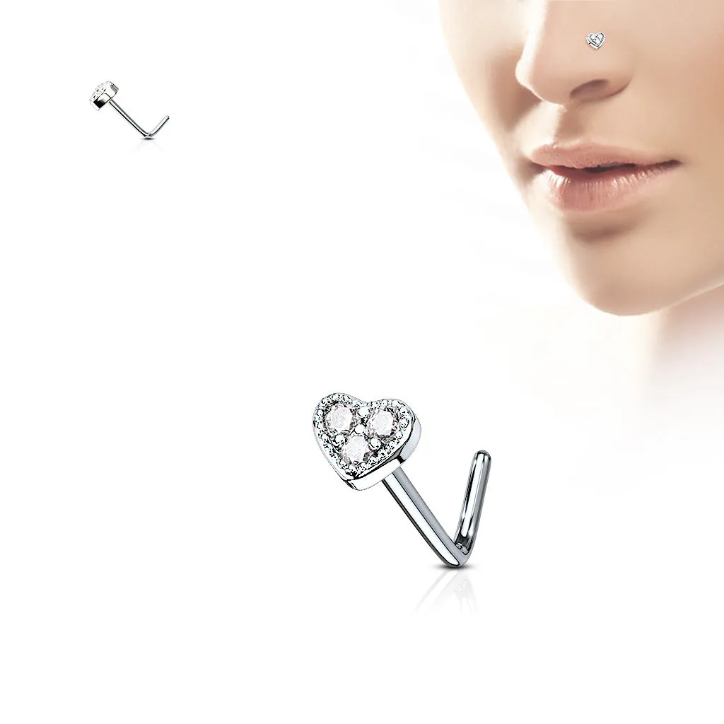 20 Gauge 3 CZ Paved Heart Surgical Steel L Bend Nose Stud