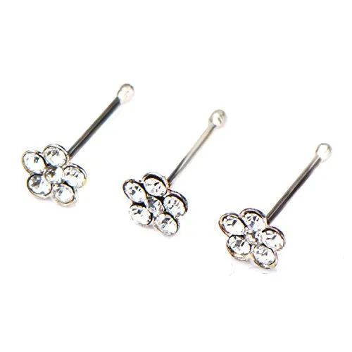 316L Surgical Steel WildKlass Nose Bone with Clear CZ Gem Flower Top