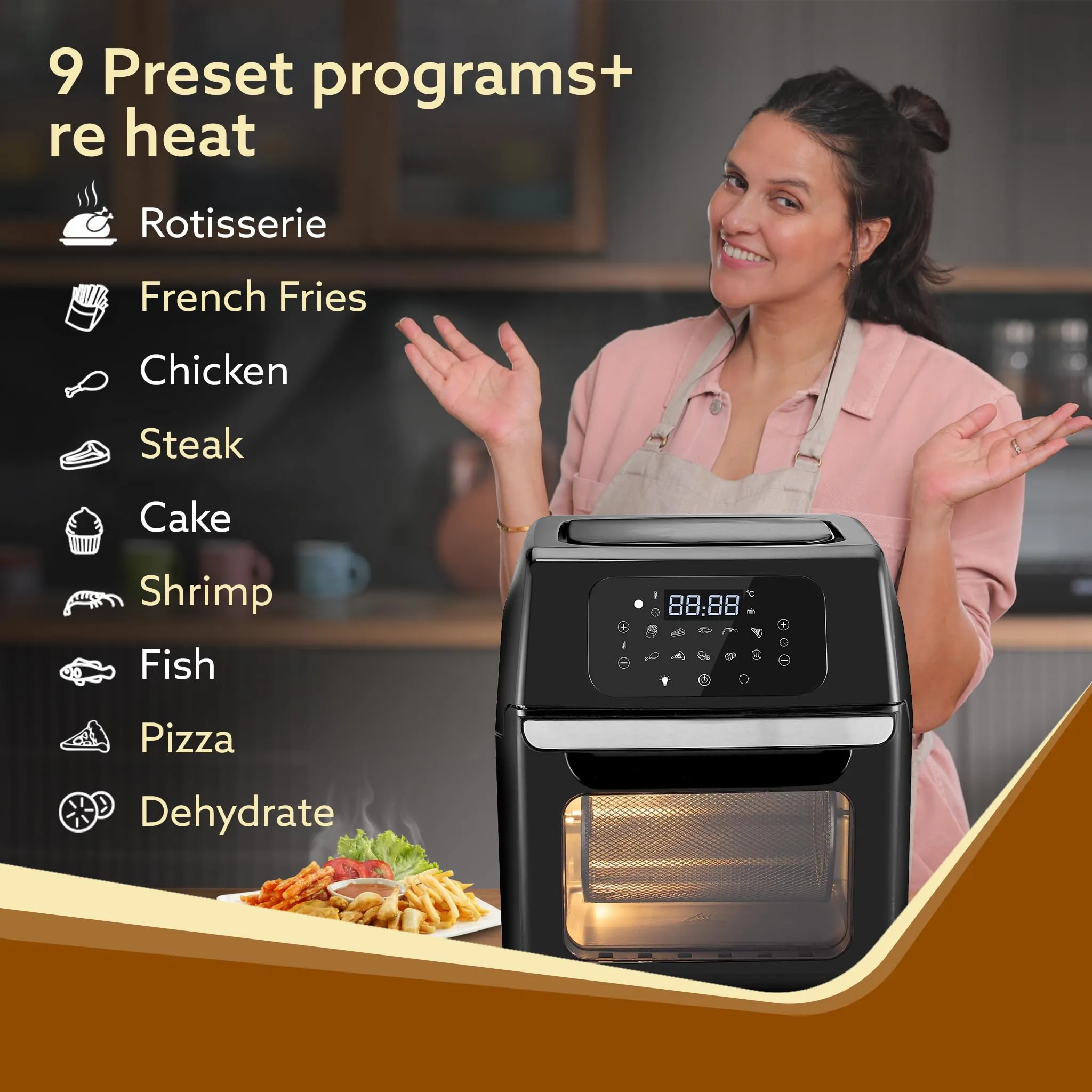 AGARO Prima Digital Air Fryer For Home, 12 liters, Electric Oven, 1800W, 9 Preset Programs, Keep Warm Function Digital Panel,Fry, Bake, Roast, Toast, Black