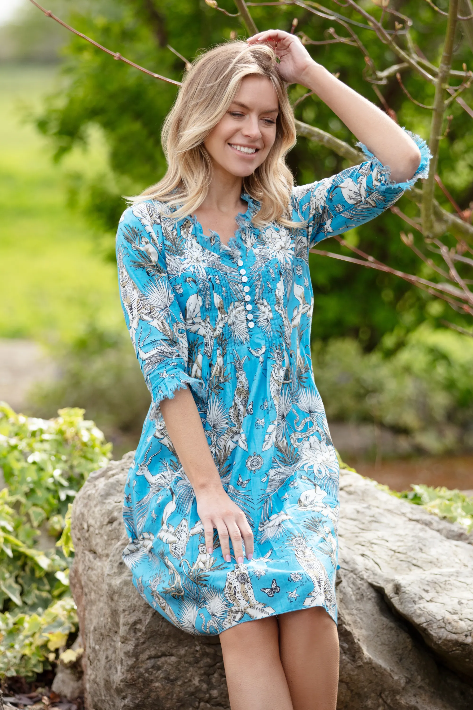 Annabel Cotton Tunic in Sky Blue Tropical