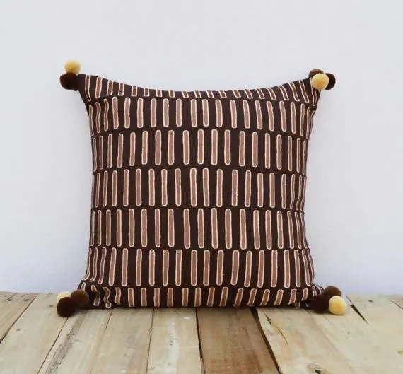 Brown and beige, pillow cover, embroidered, mola style pillows, standard size 16X16 inches