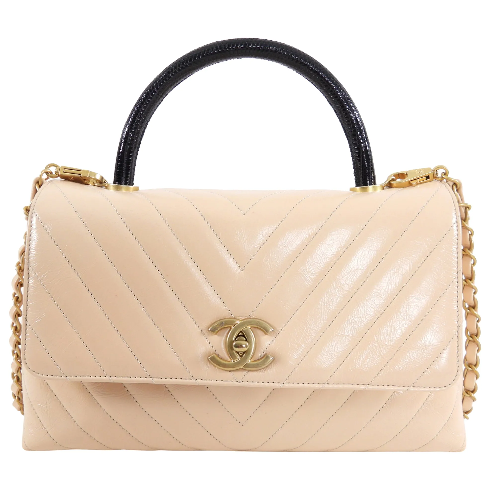 Chanel Nude Chevron Aged Leather and Exotic Top Handle Flap Bag