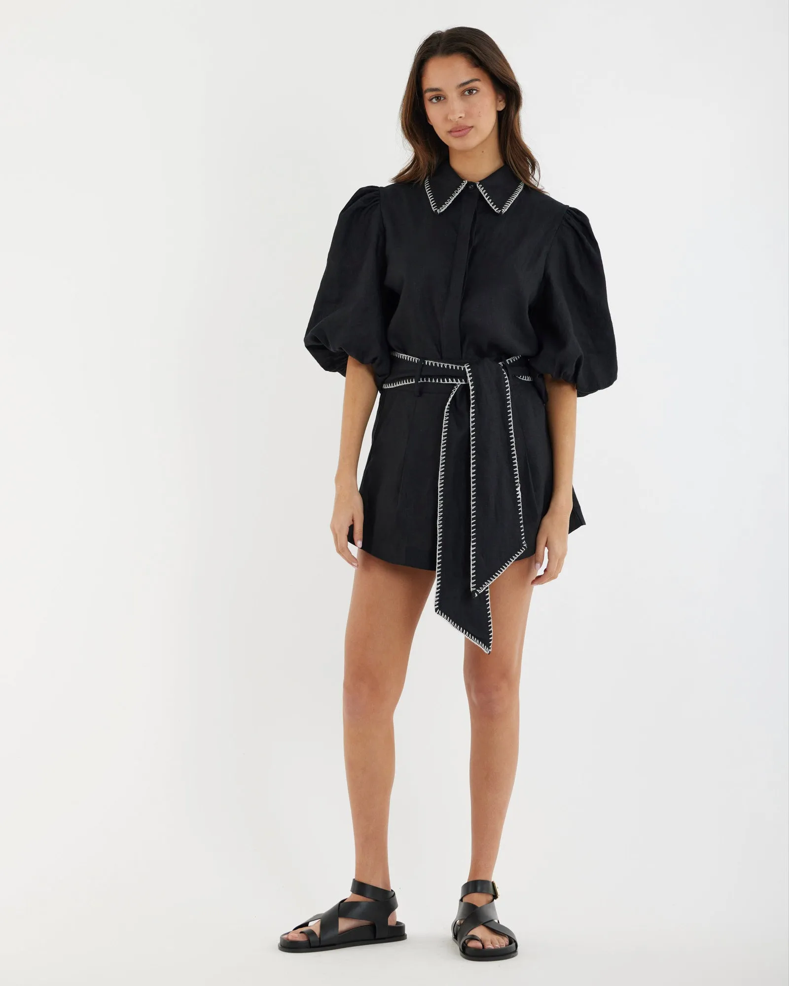 Stylish Black Linen Shirt with Chloe Stitch Detail