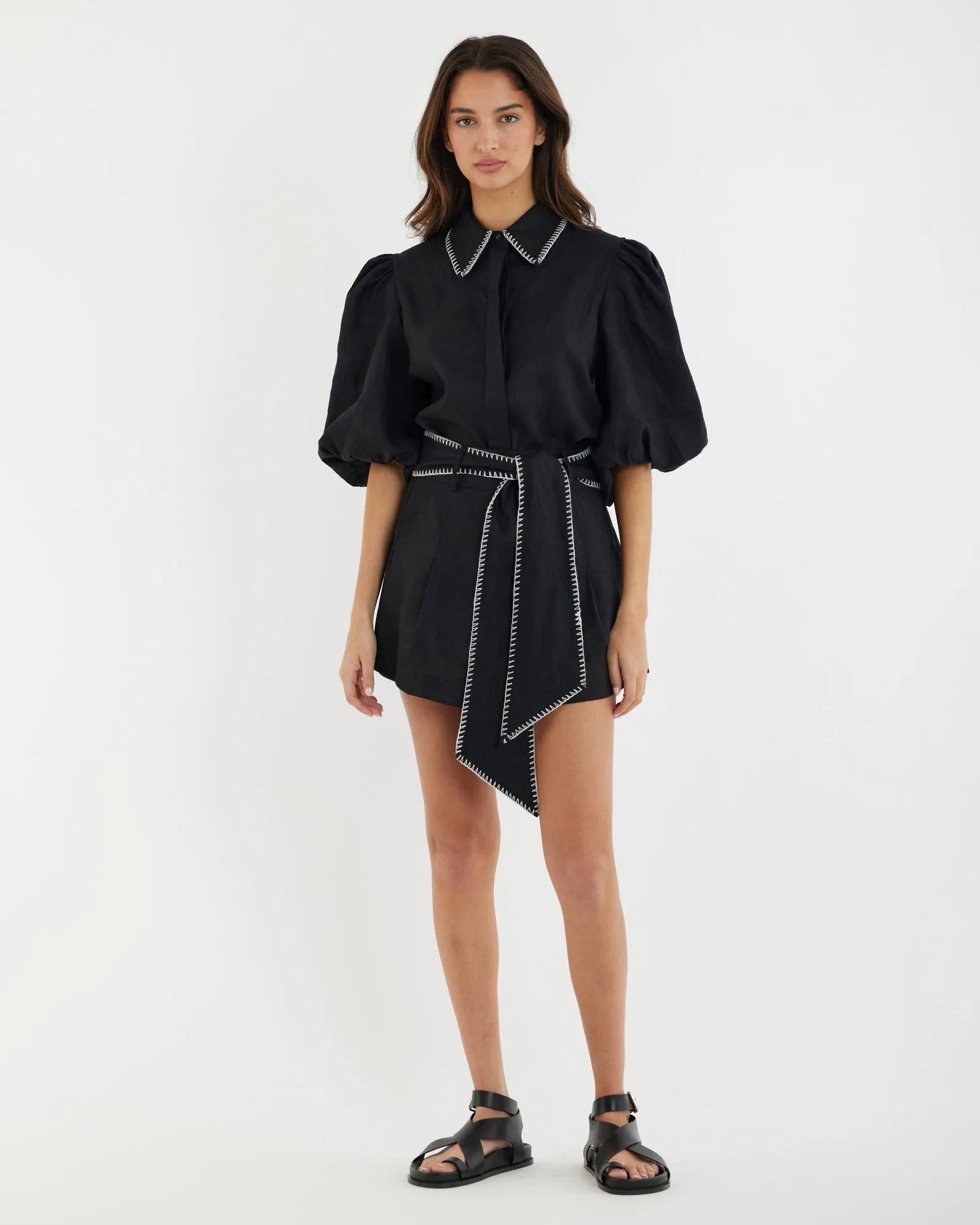 Stylish Black Linen Shirt with Chloe Stitch Detail