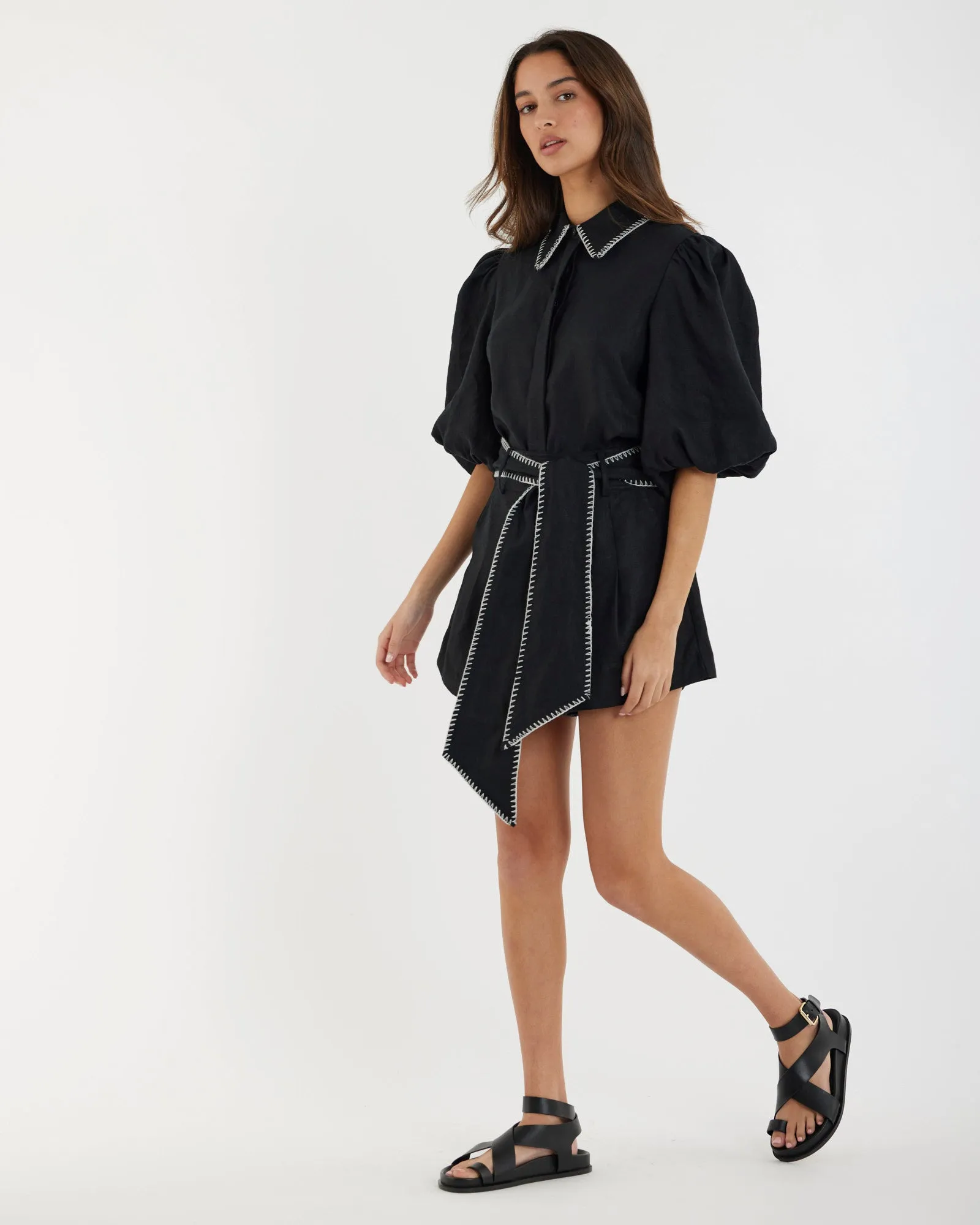 Stylish Black Linen Shirt with Chloe Stitch Detail