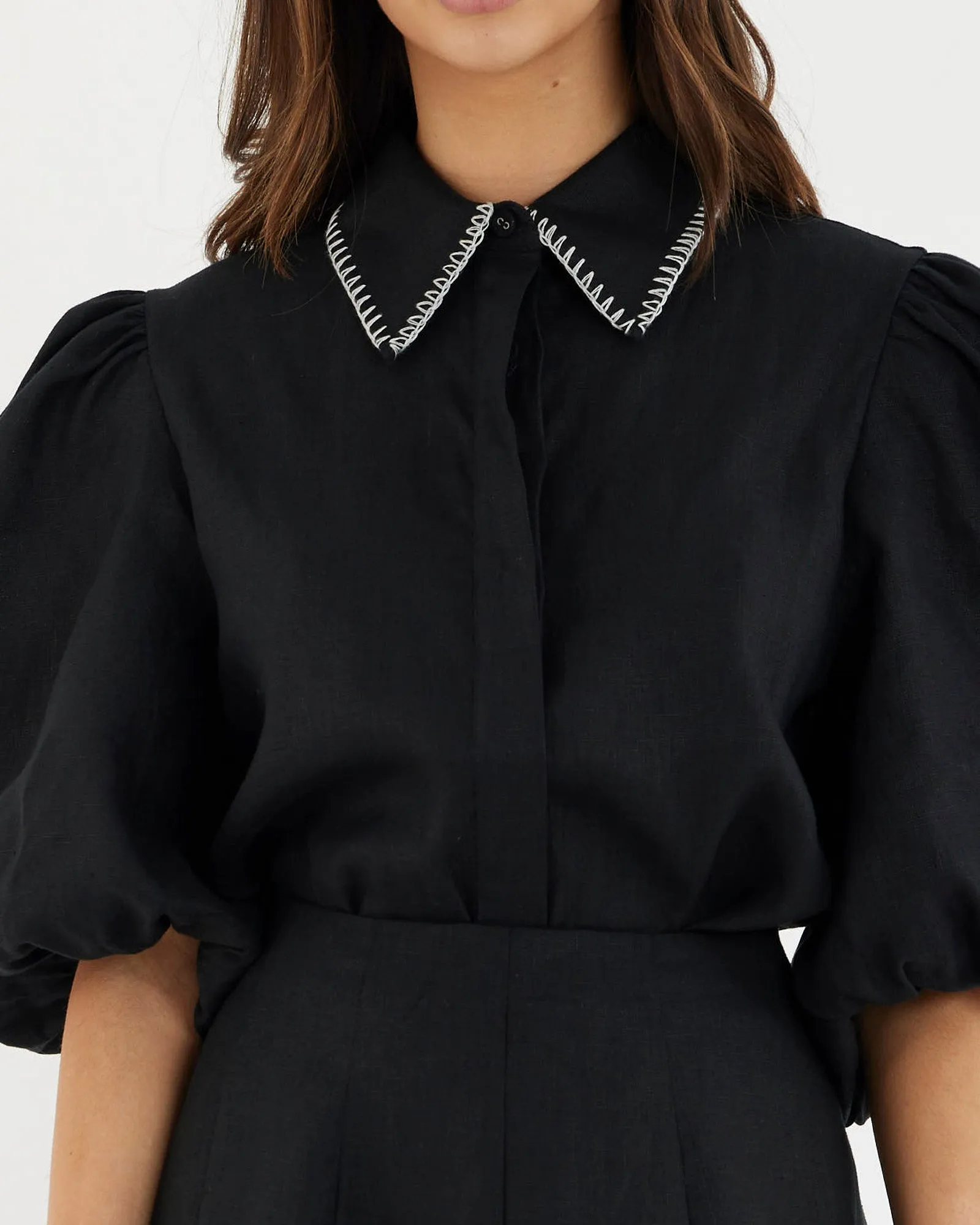 Stylish Black Linen Shirt with Chloe Stitch Detail