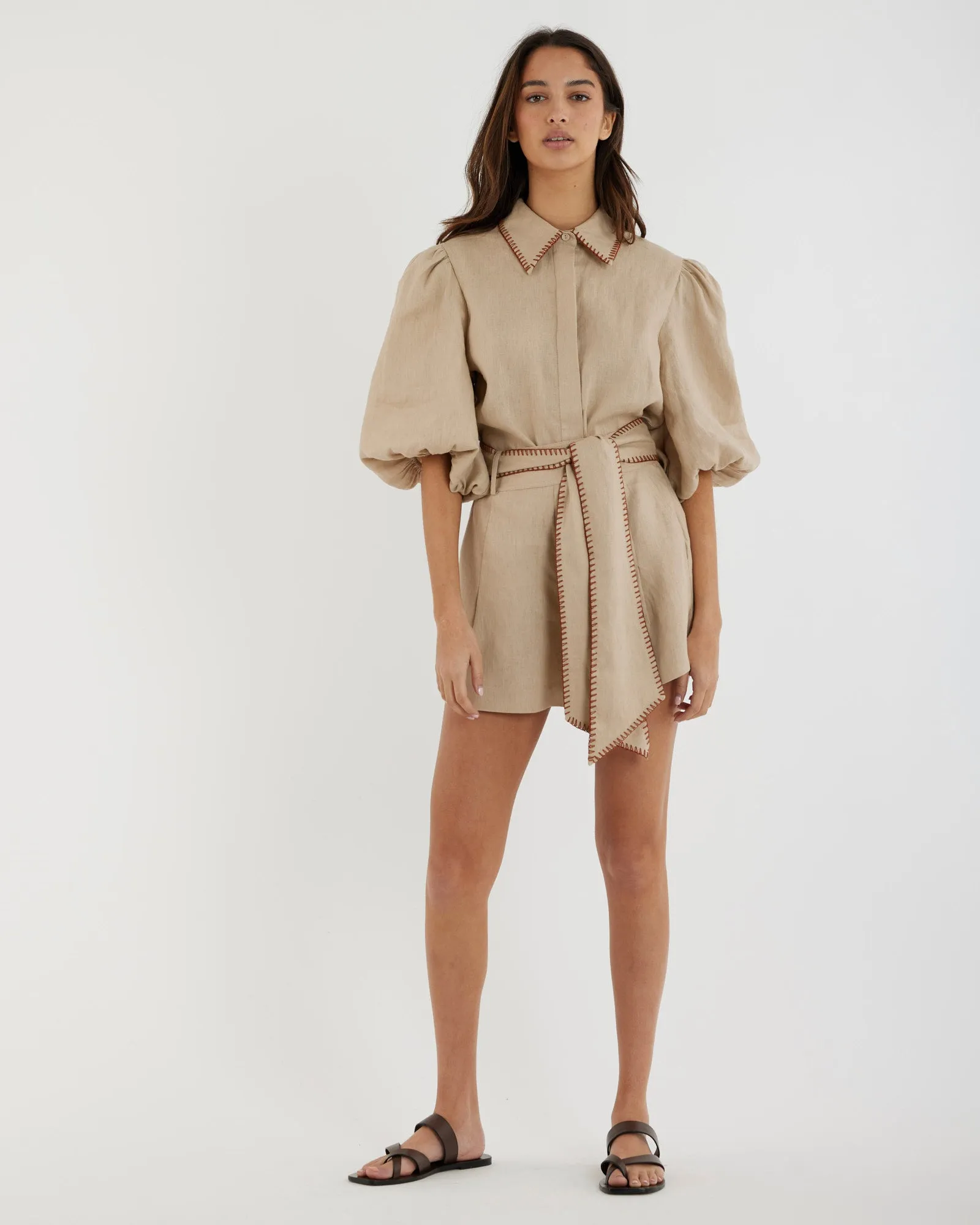 Chloe Stitch Detail Linen Shirt - Sand