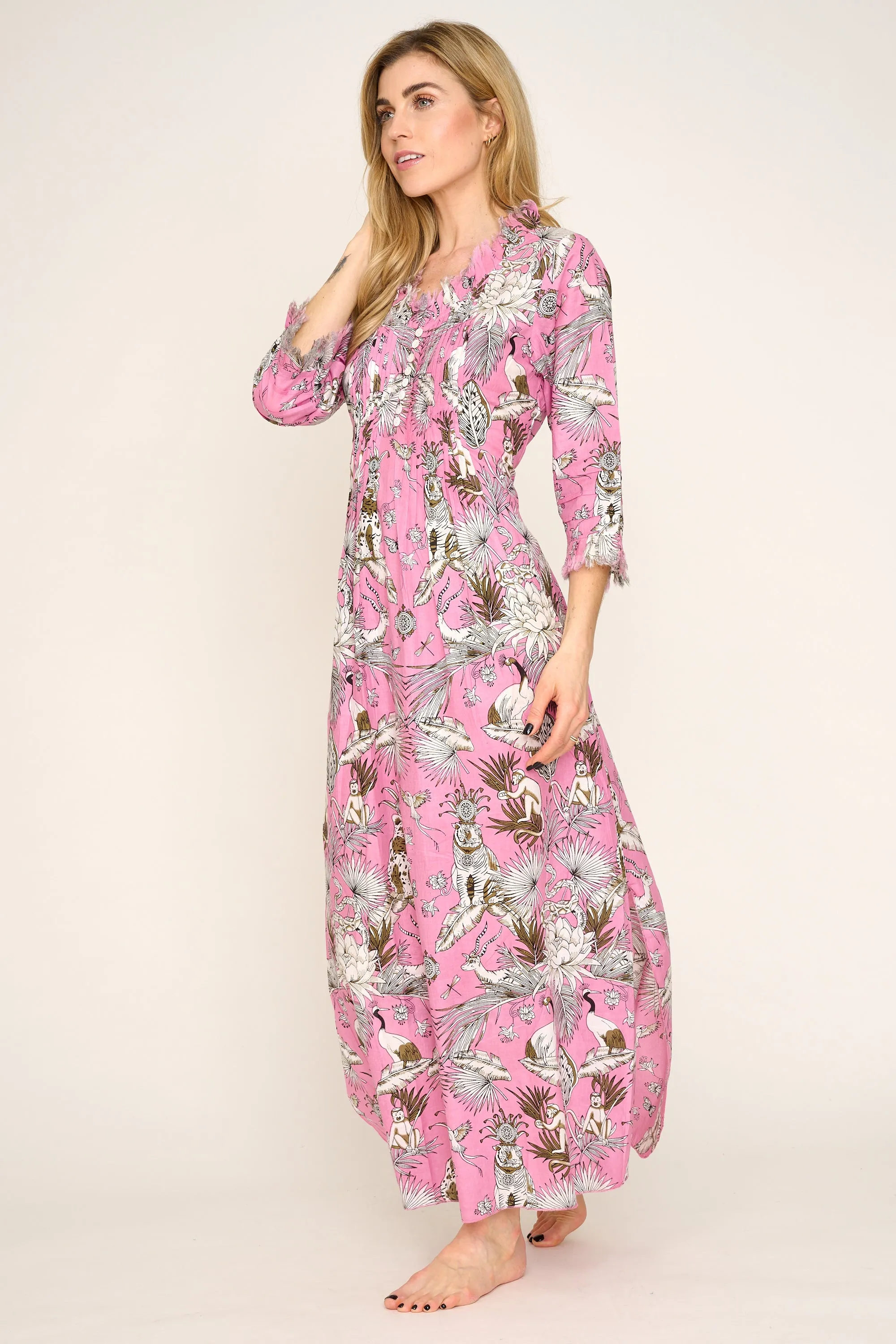 Cotton Annabel Maxi Dress in Pink Tropical