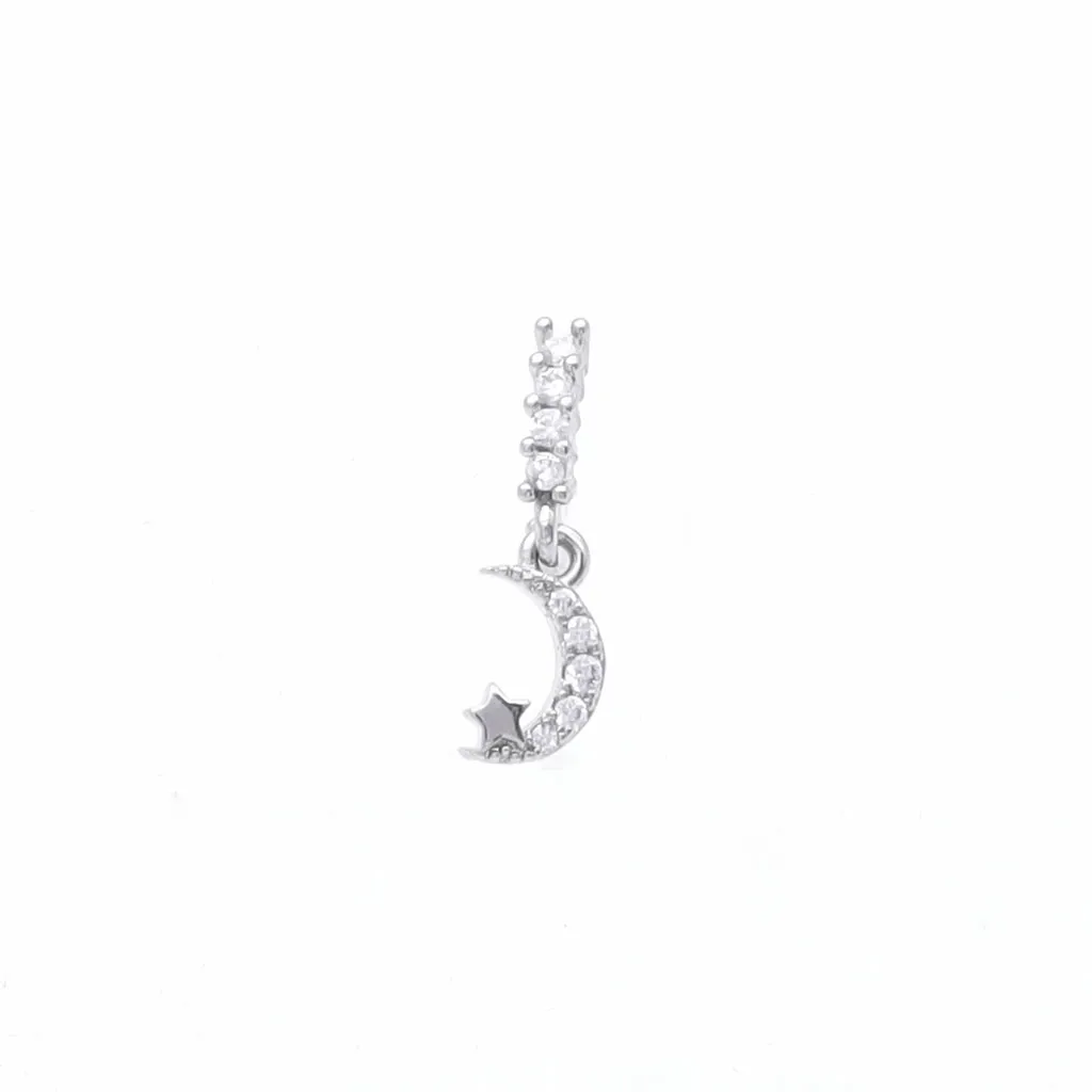 CZ Hoop Nose Ring with Dangle Crescent Moon and Star - Silver