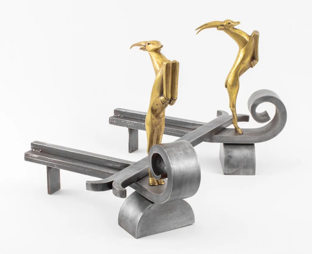 Edgar Brandt Leaping Stag Andirons, Pair