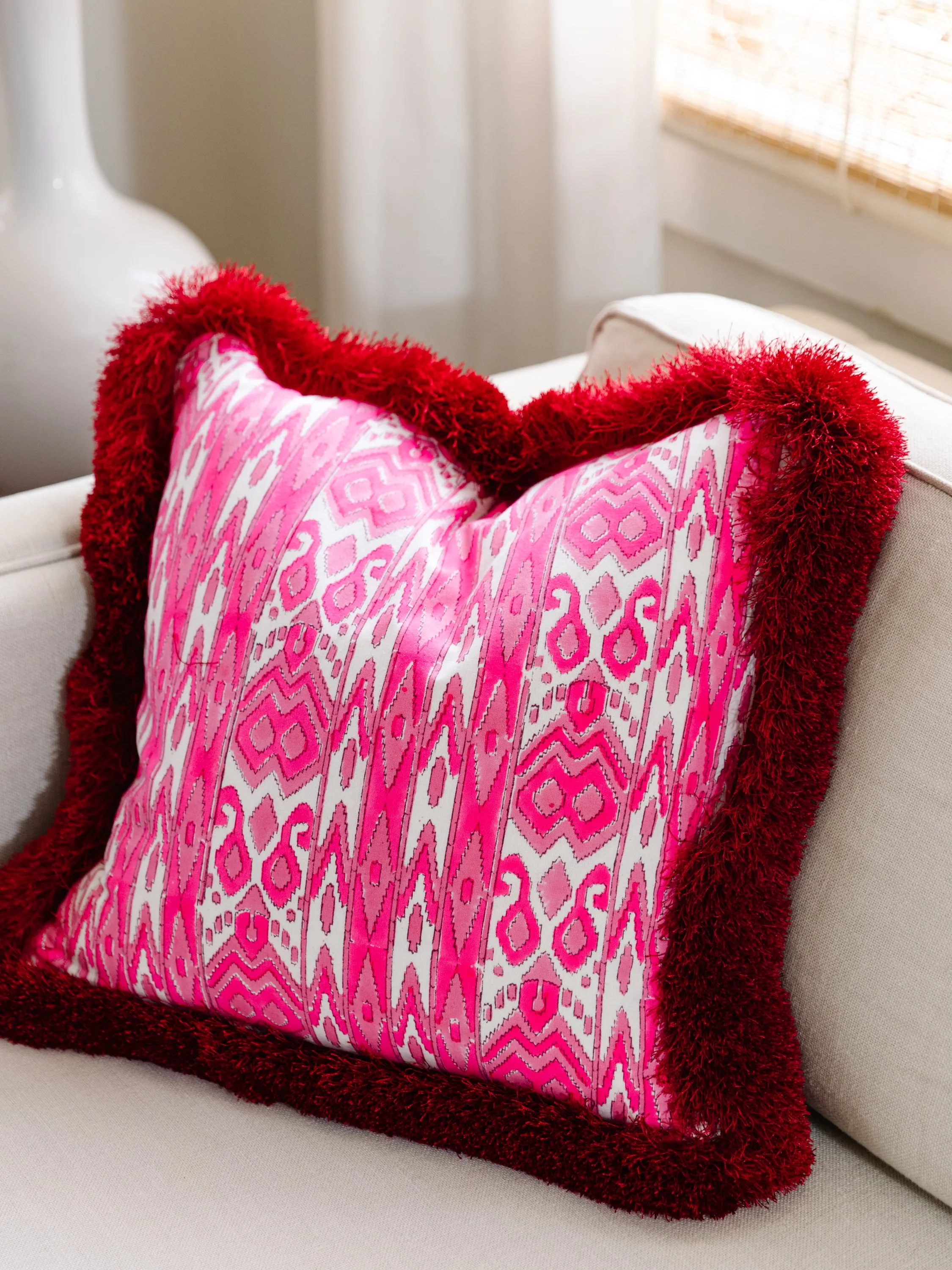 Fringe Blockprint Pillow - Poppy