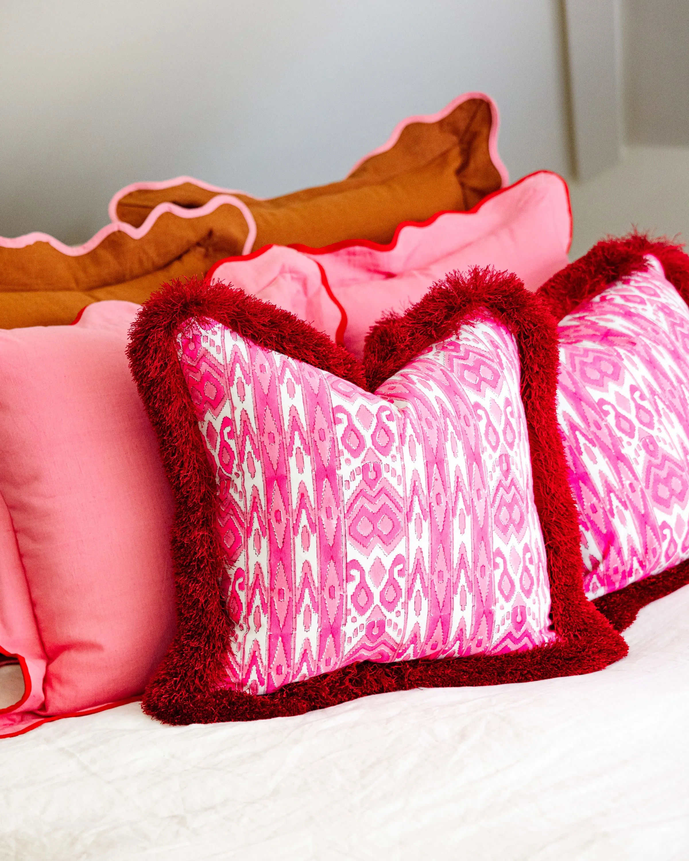 Fringe Blockprint Pillow - Poppy