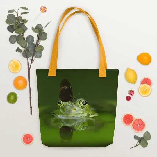 Frog Print Tote Bag / Green Bag With Amphibian Print