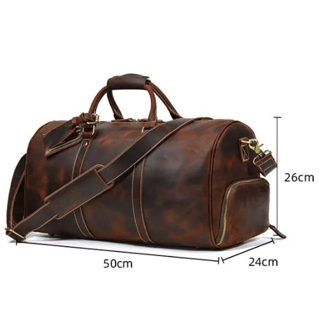 Genuine Leather Cowhide Travel Bag with Shoe Pouch