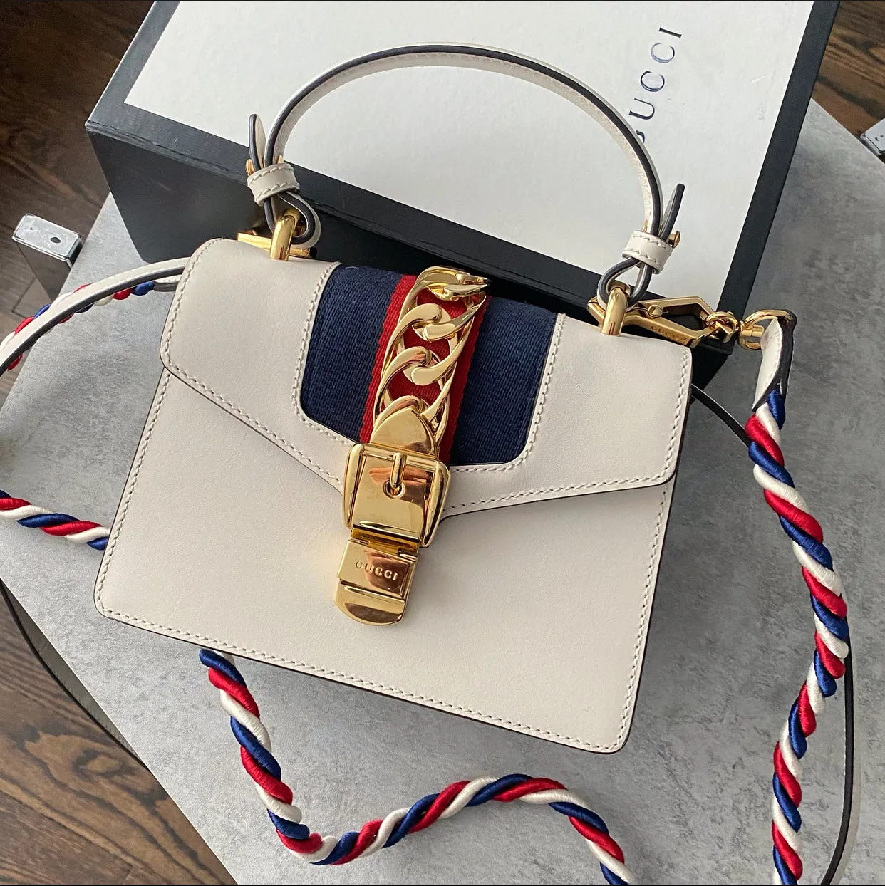 Gucci Sylvie Mini Ivory Leather Crossbody Bag