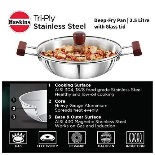 Hawkins Tri-ply Stainless Steel Deep-Fry Pan 2.5 Litre with Glass Lid