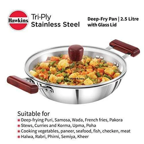 Hawkins Tri-ply Stainless Steel Deep-Fry Pan 2.5 Litre with Glass Lid