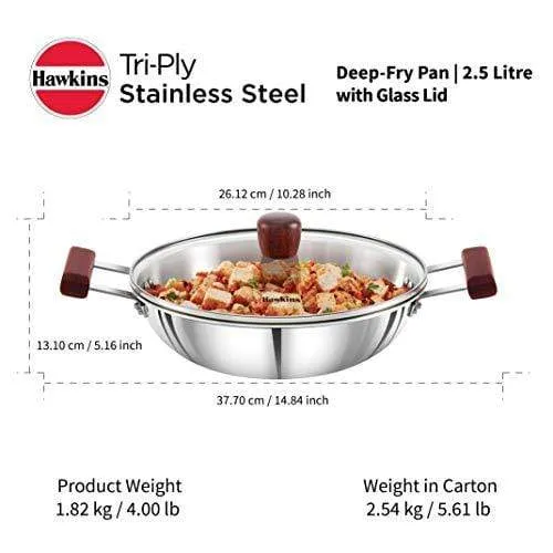 Hawkins Tri-ply Stainless Steel Deep-Fry Pan 2.5 Litre with Glass Lid