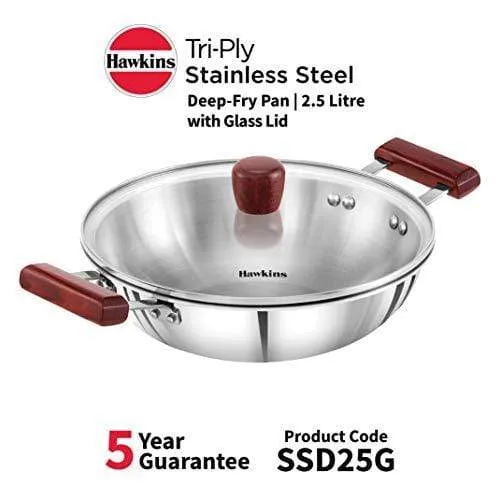 Hawkins Tri-ply Stainless Steel Deep-Fry Pan 2.5 Litre with Glass Lid