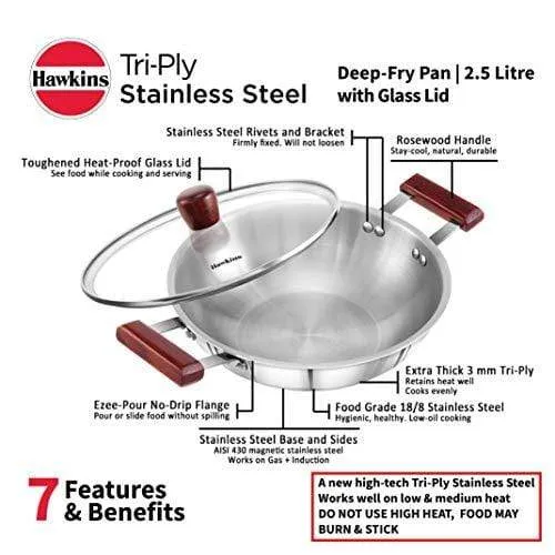 Hawkins Tri-ply Stainless Steel Deep-Fry Pan 2.5 Litre with Glass Lid