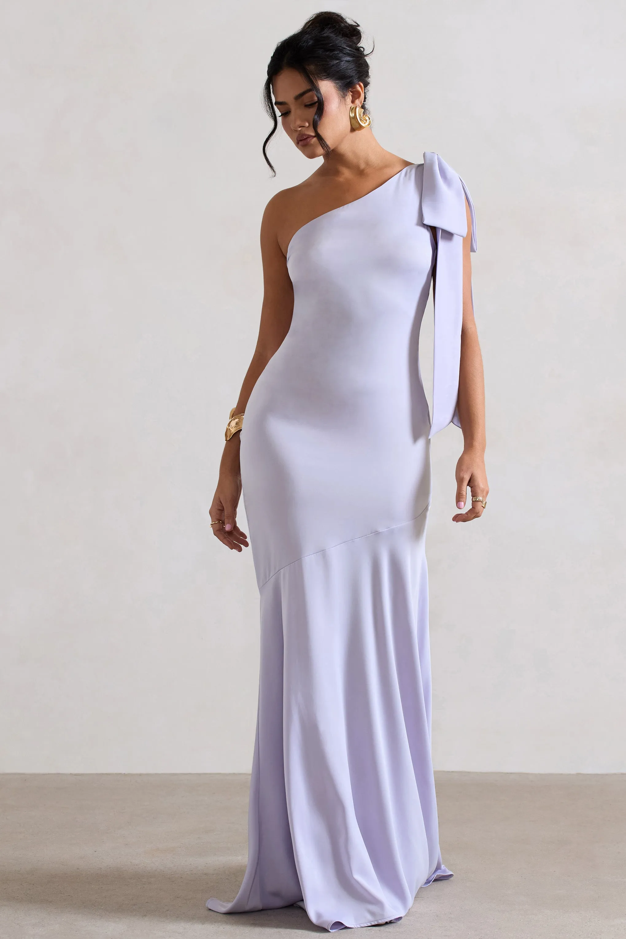 Here For Love | Lilac Satin Asymmetric Maxi Dress With Bow