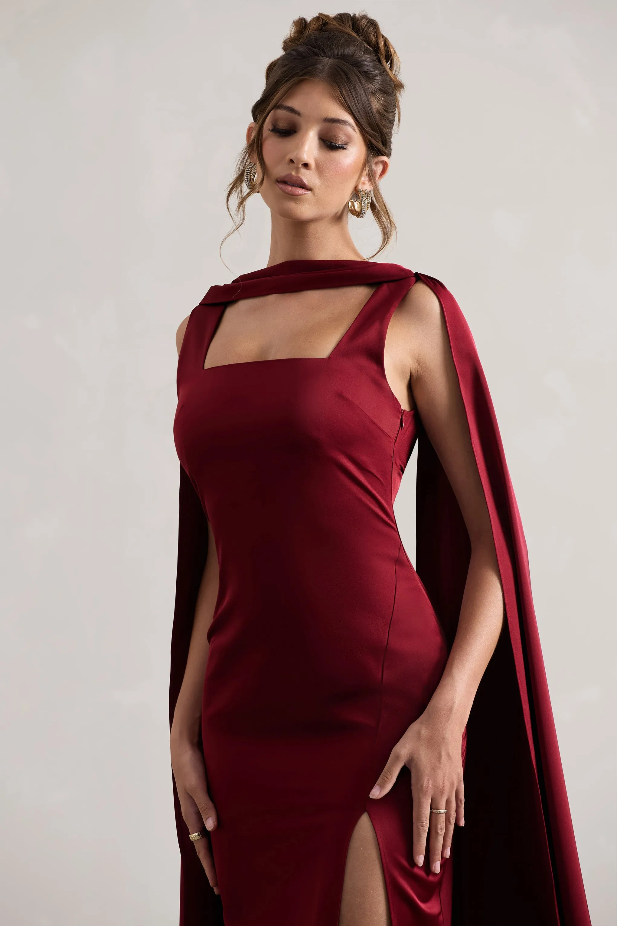 Intuition | Burgundy Satin Square-Neck Split Maxi Dress With Scarf