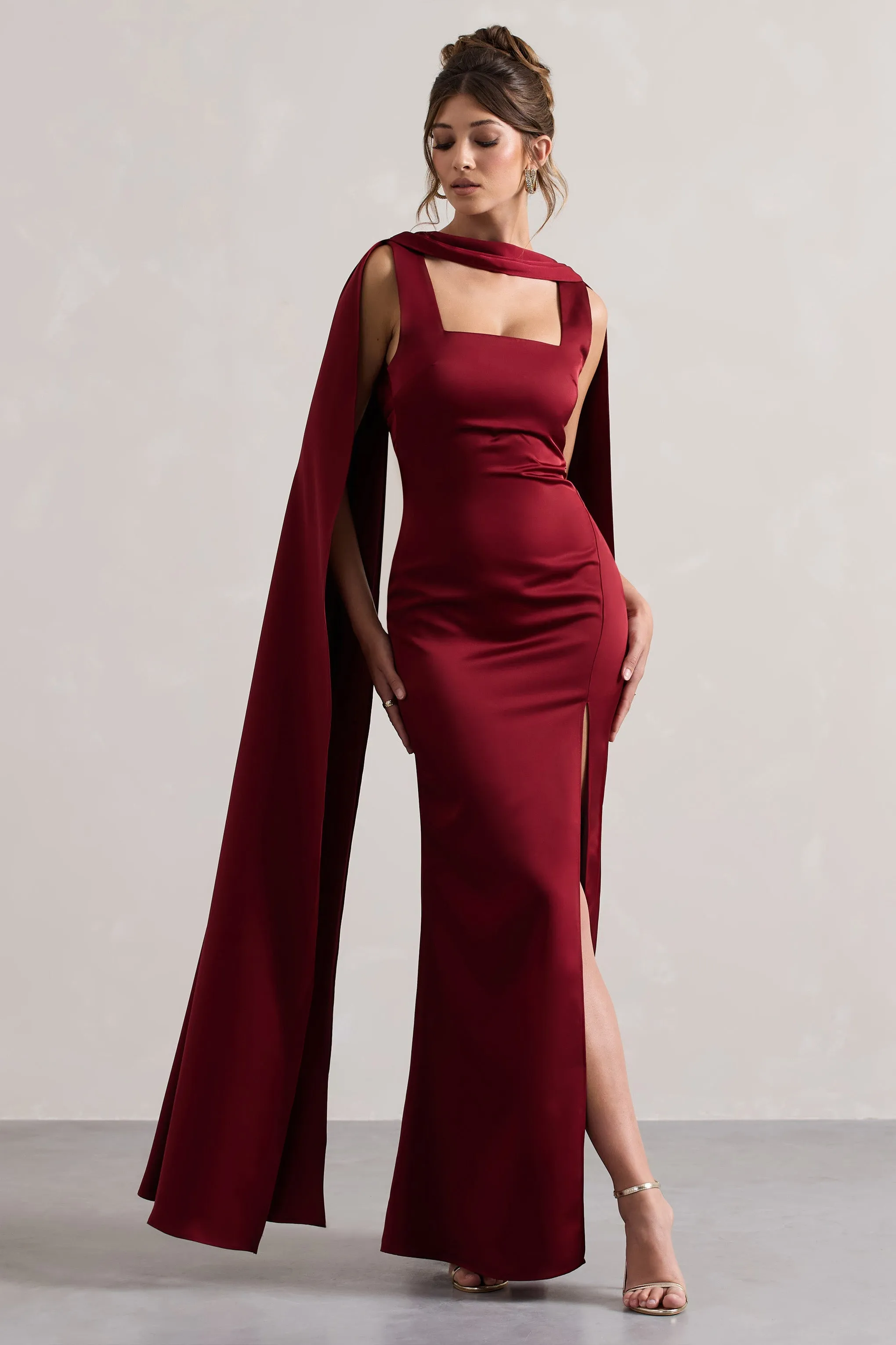 Intuition | Burgundy Satin Square-Neck Split Maxi Dress With Scarf