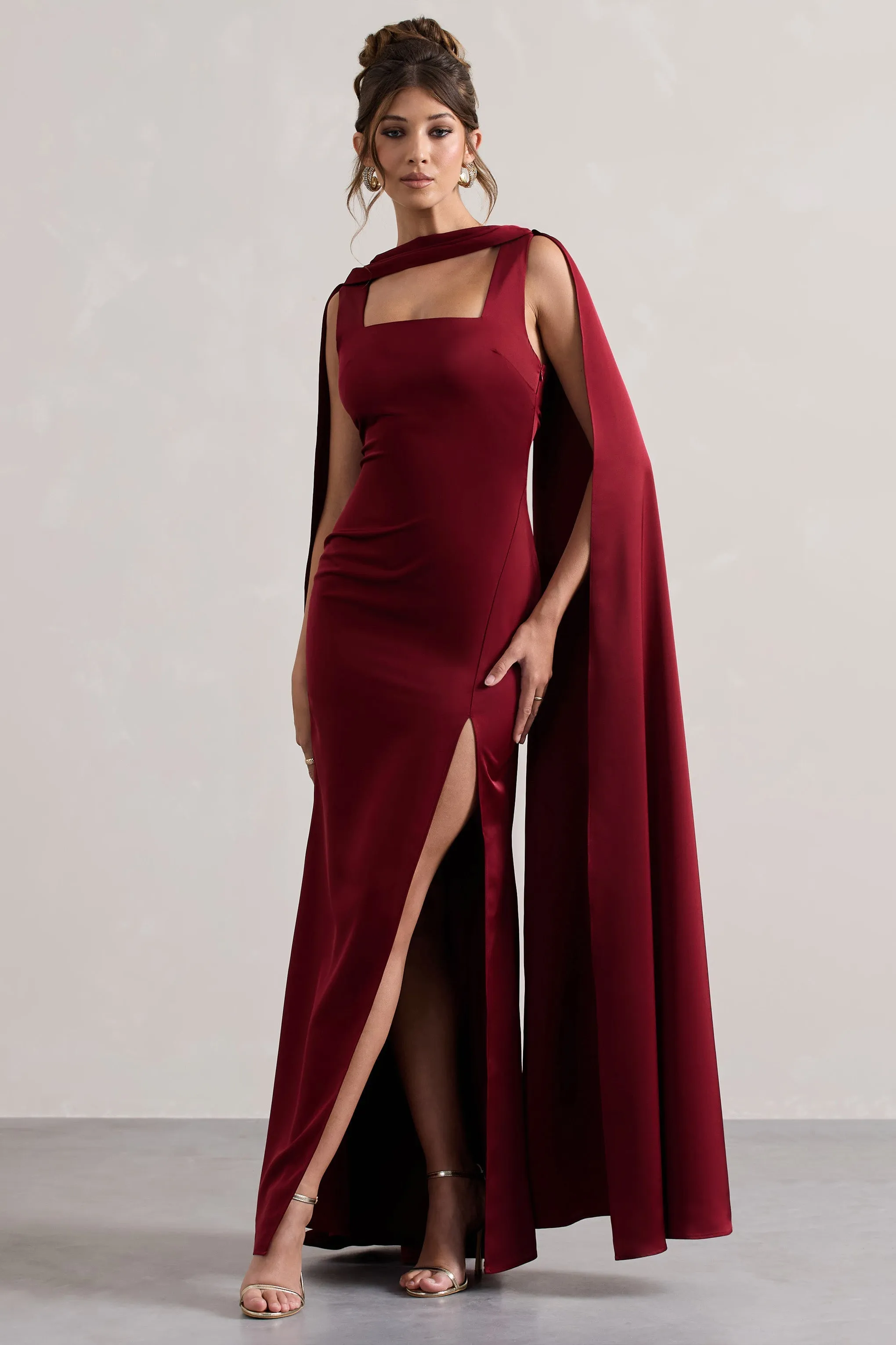 Intuition | Burgundy Satin Square-Neck Split Maxi Dress With Scarf