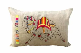 Linen pillow cover decorated with an embroidered camel