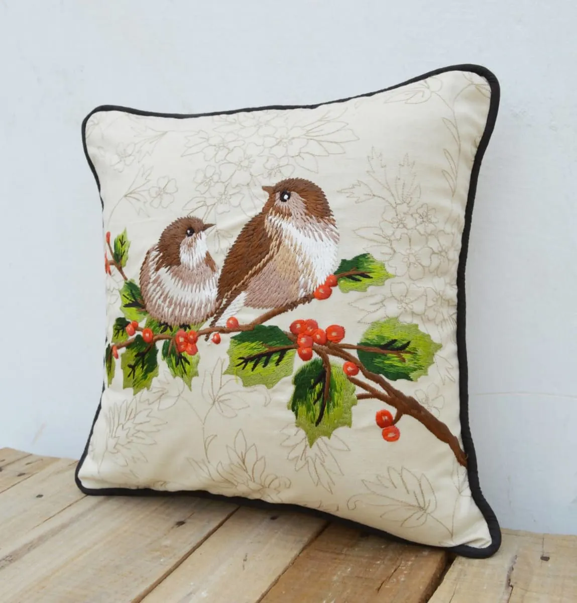 Love Birds pillow, embroidered, cotton throw pillow, 12X12 inches