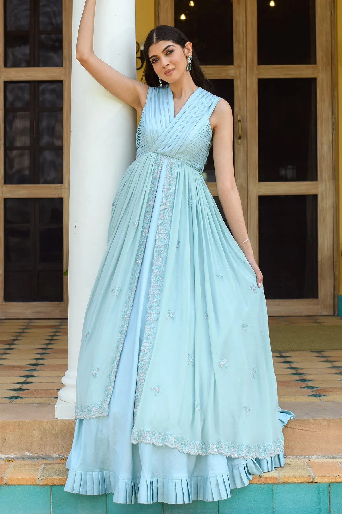 MEHER - Embroidered Vegan Silk Blue Gown