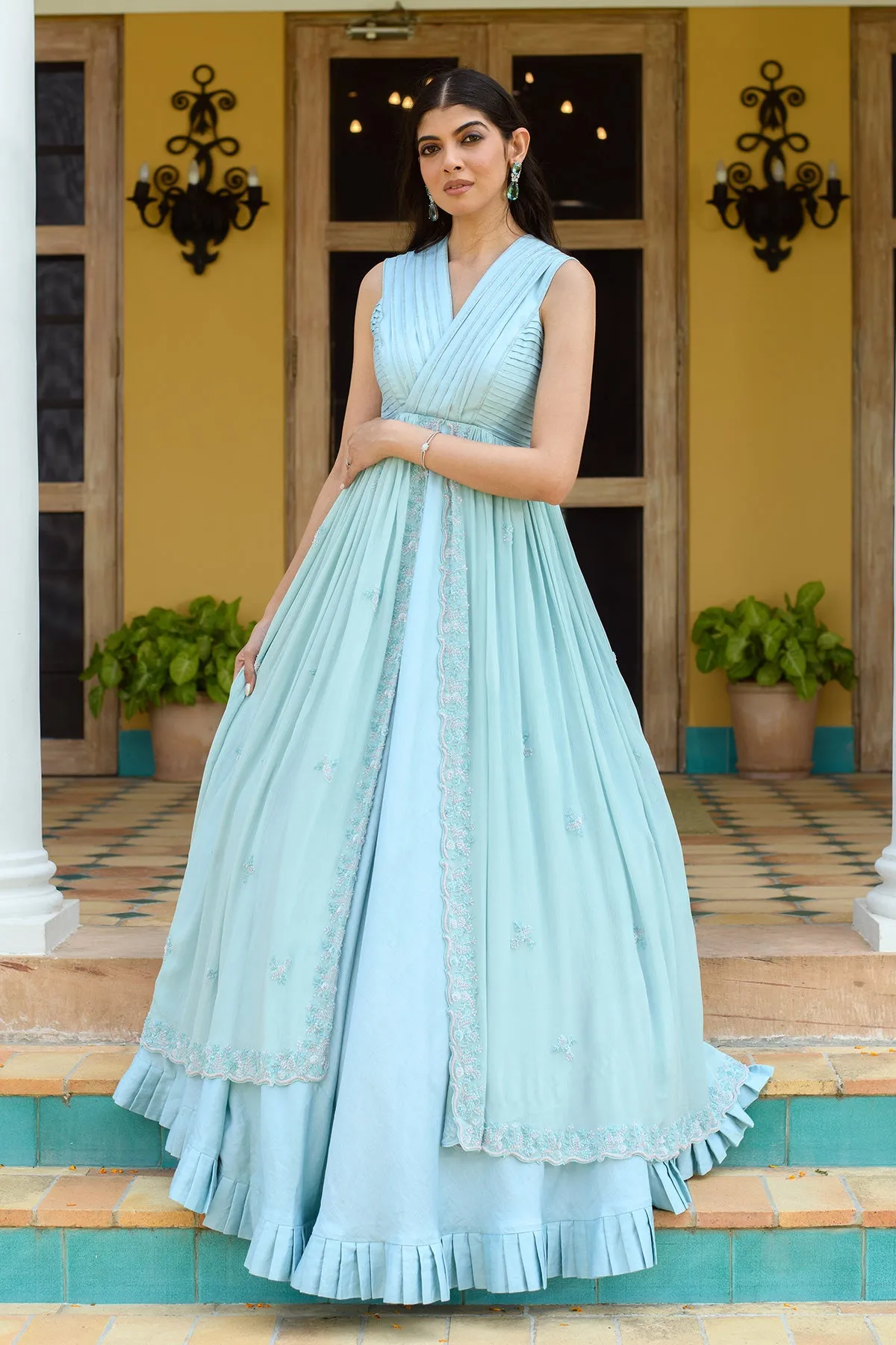 MEHER - Embroidered Vegan Silk Blue Gown