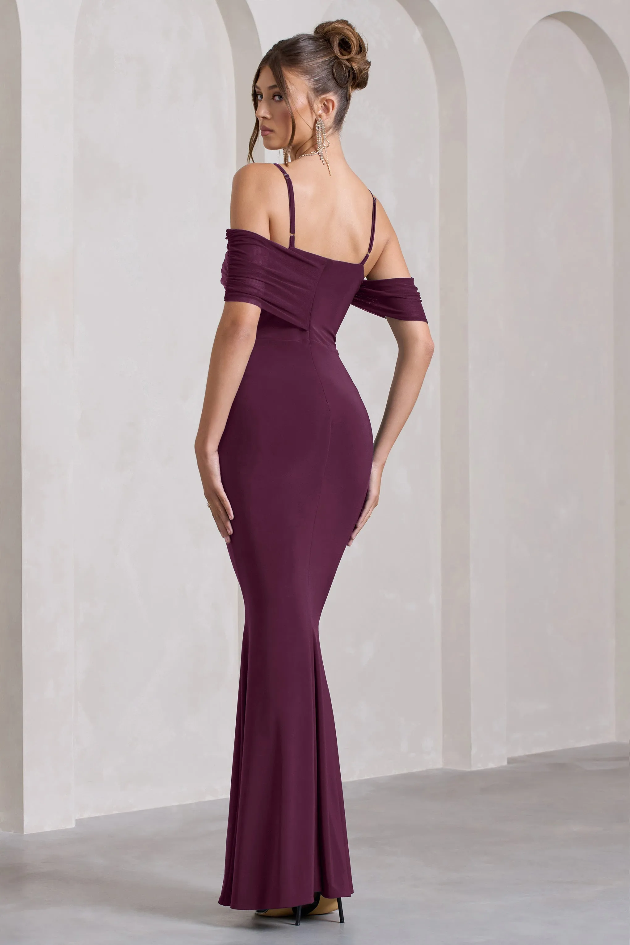 Miracle | Plum Strappy Mesh Bardot Maxi Dress