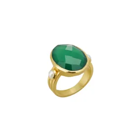 Murkani Wandering Soul Green Onyx & Pearl Ring (Size 8) in 18KT Yellow Gold Plate