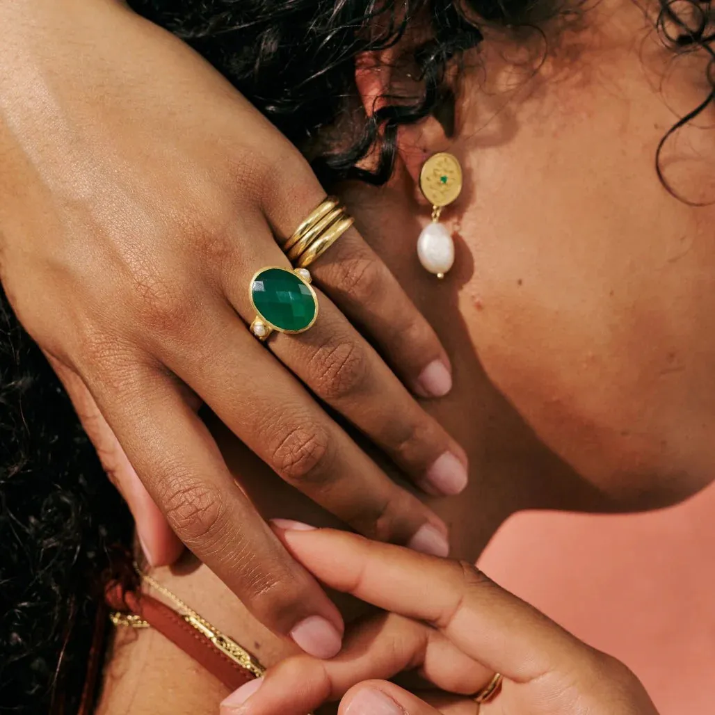 Murkani Wandering Soul Green Onyx & Pearl Ring (Size 8) in 18KT Yellow Gold Plate