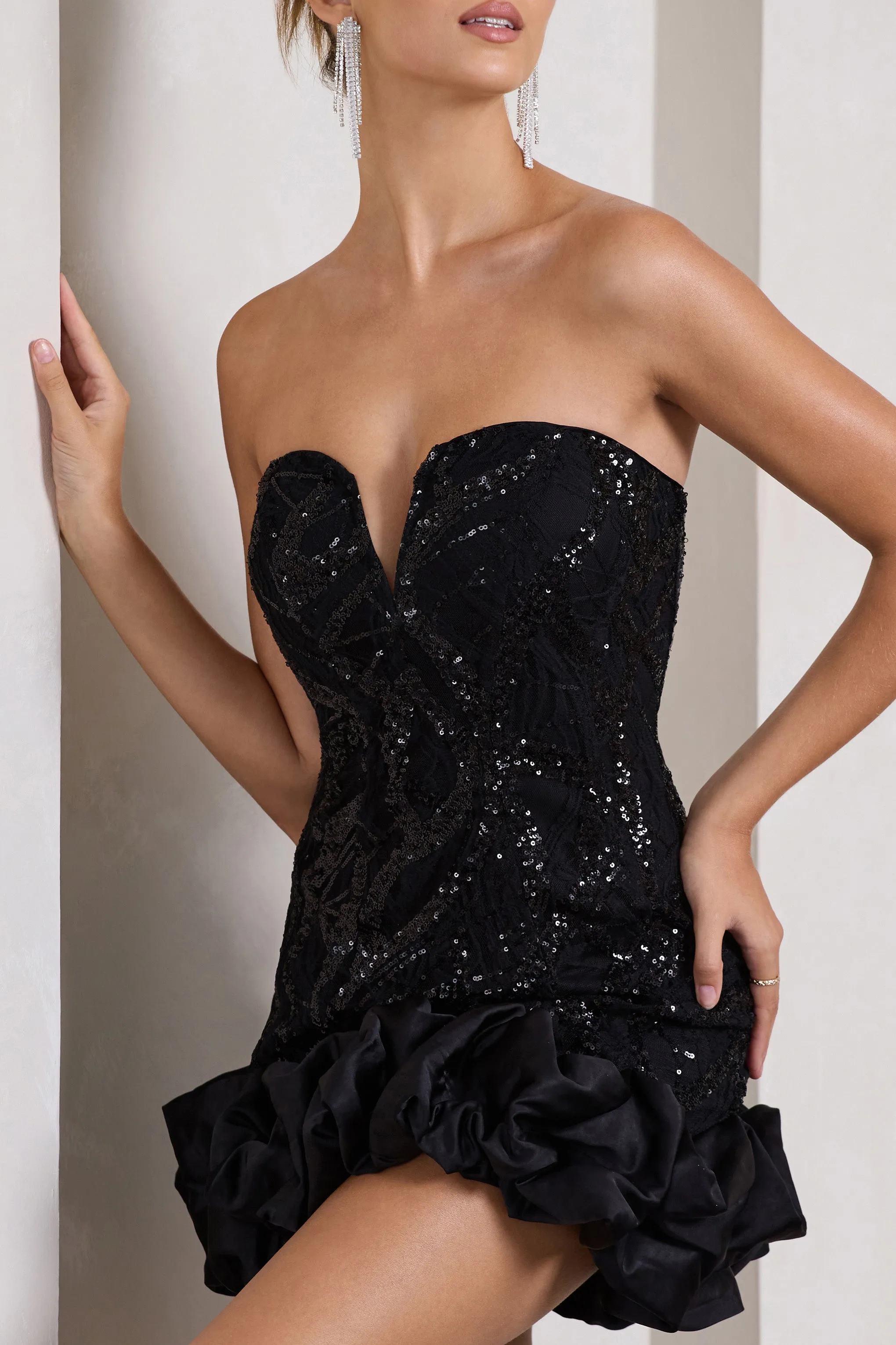 Nadia | Black Sequin Strapless Mini Dress With Ruffle Trim all