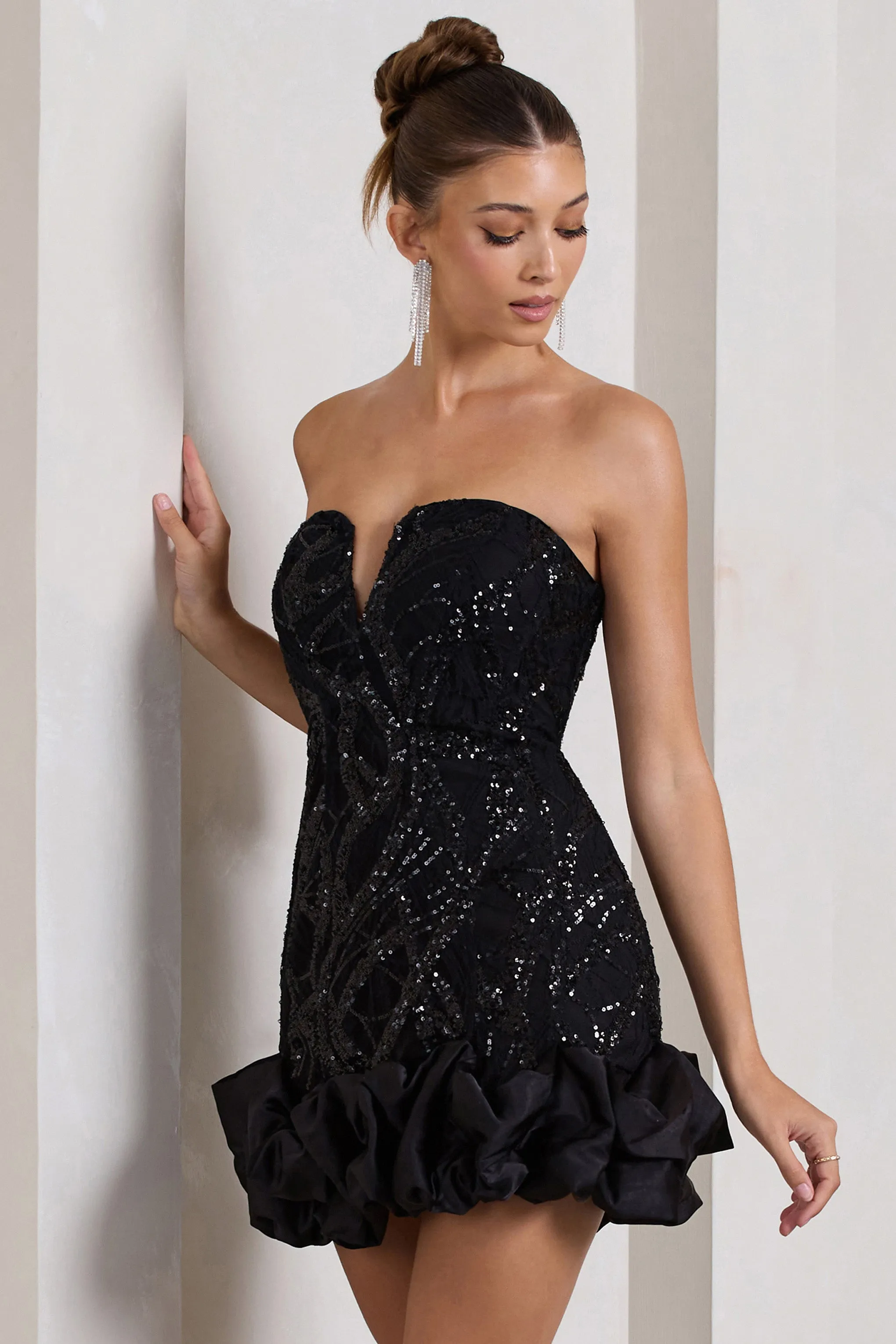 Nadia | Black Sequin Strapless Mini Dress With Ruffle Trim all