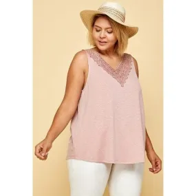 Plus Solid French Terry Slub Sleeveless Tank With Lace Neckline