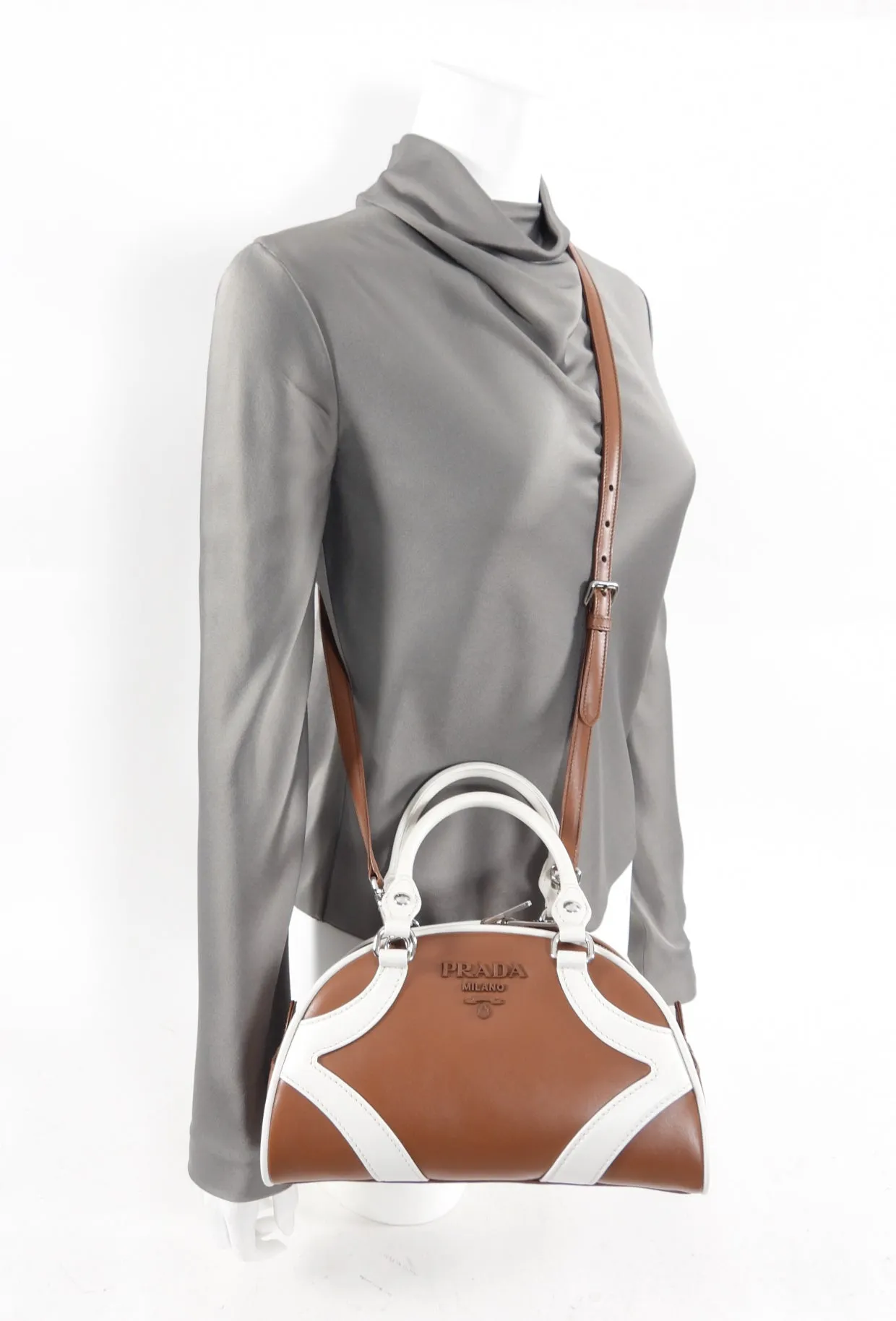 Prada Brown / White Small Two-Way Bowling Bag