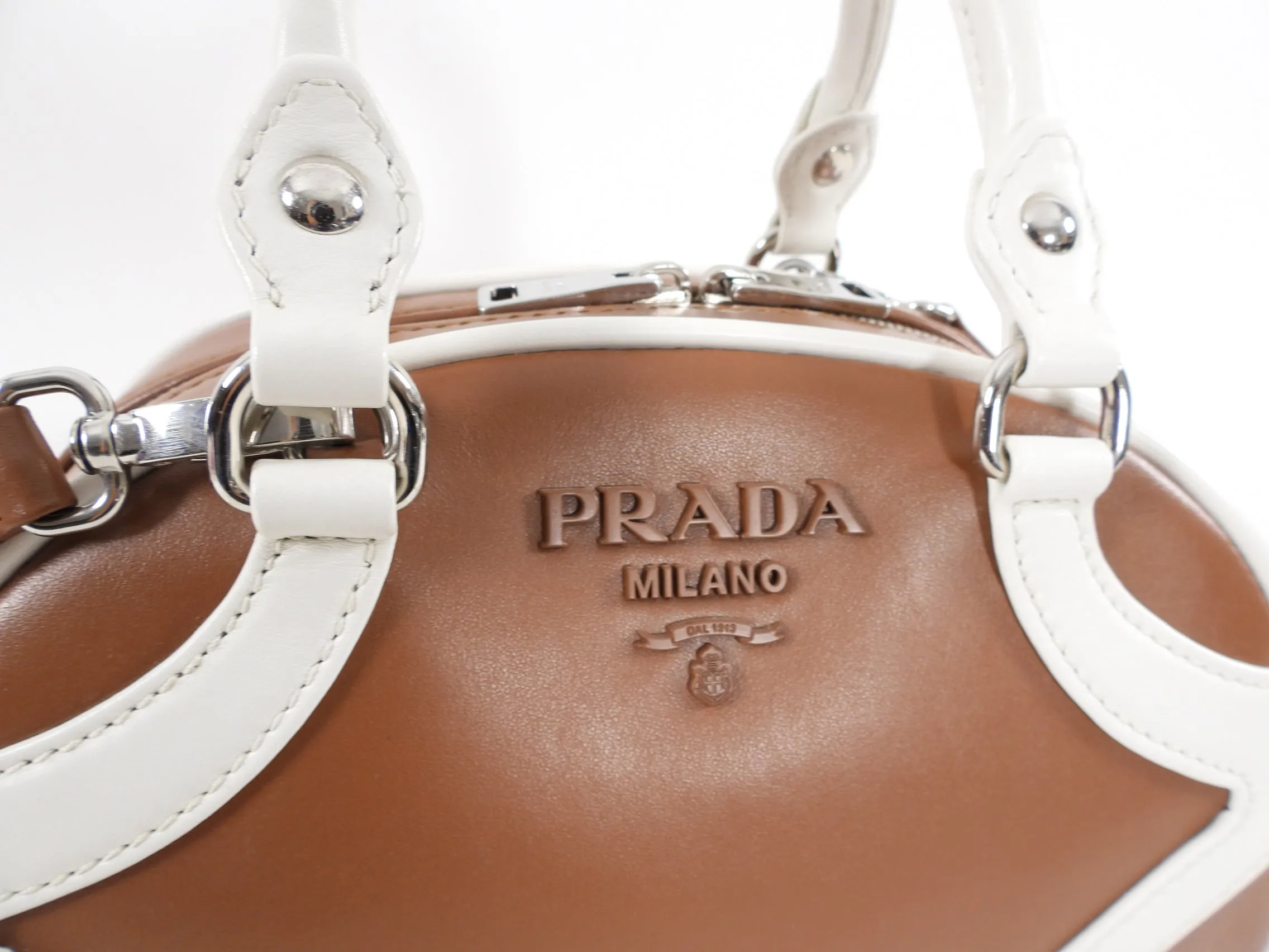 Prada Brown / White Small Two-Way Bowling Bag