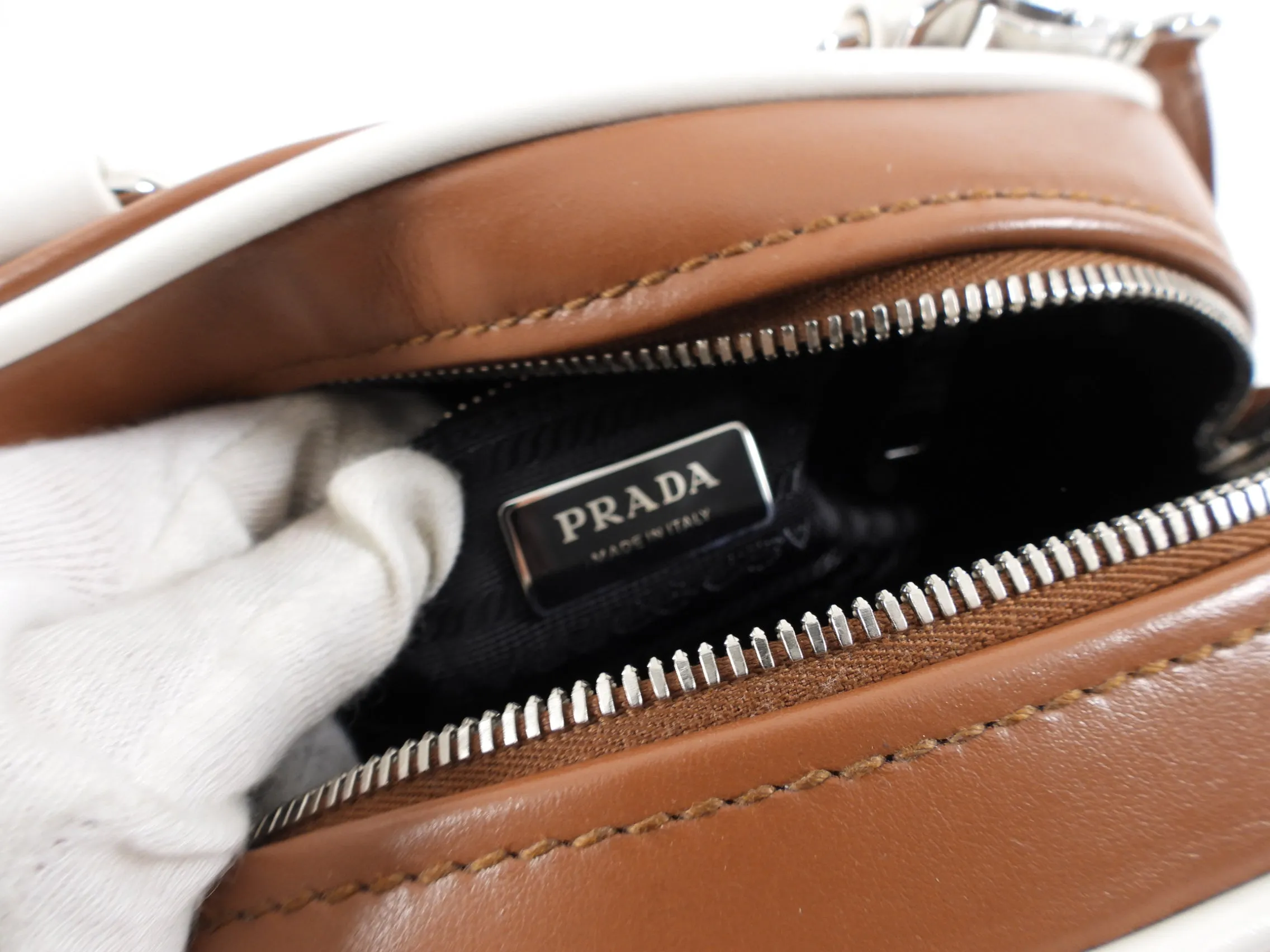 Prada Brown / White Small Two-Way Bowling Bag