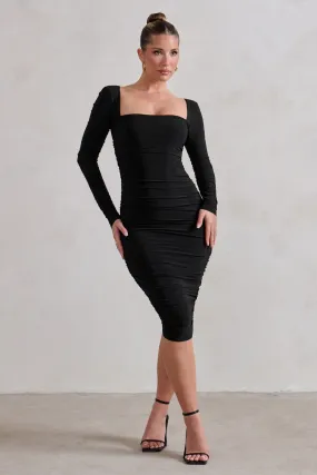 Seductress | Black Long Sleeve Square Neck Ruched Midi Dress