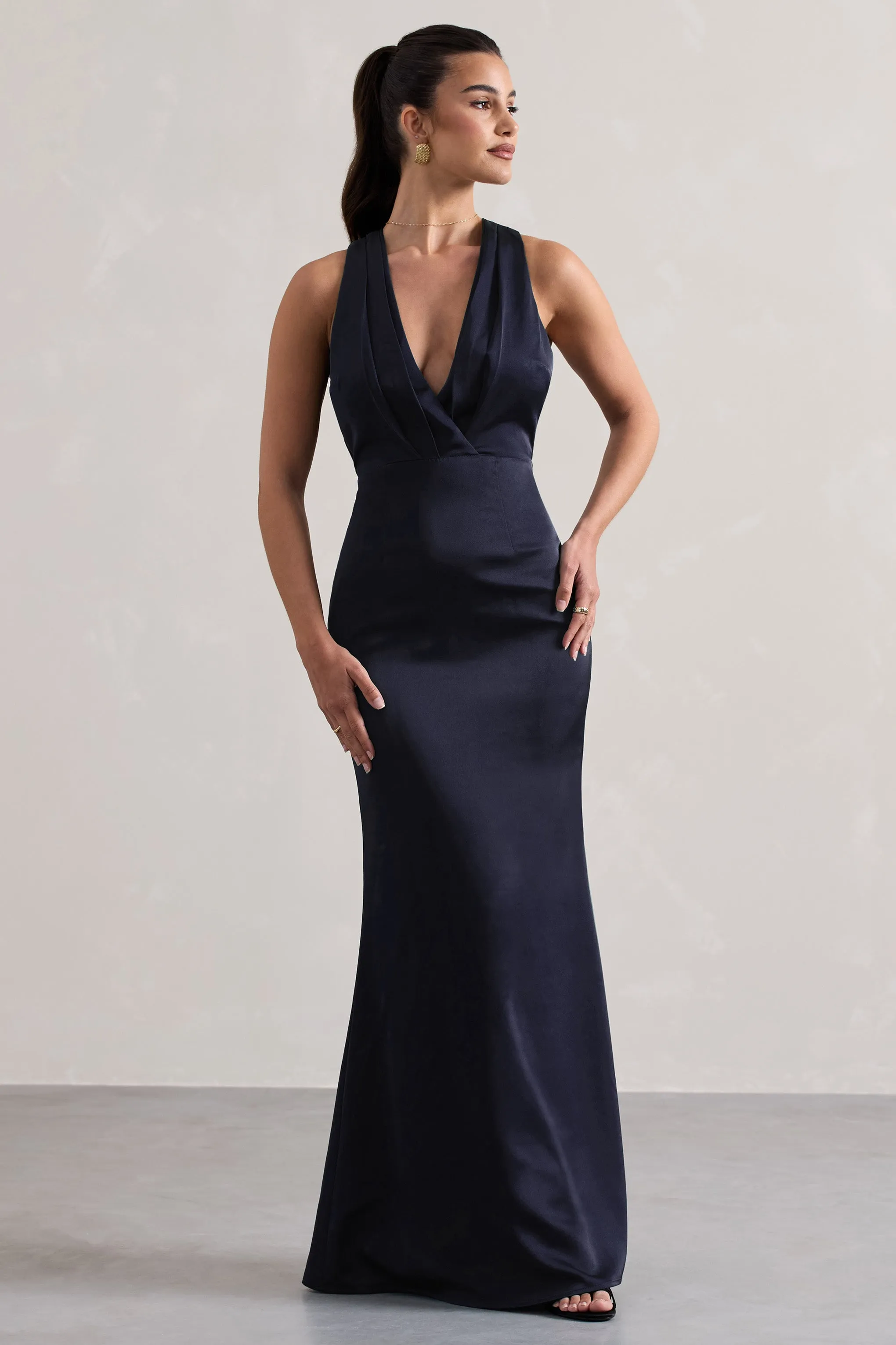 Tiffany | Navy Satin Plunge-Neck Maxi Dress