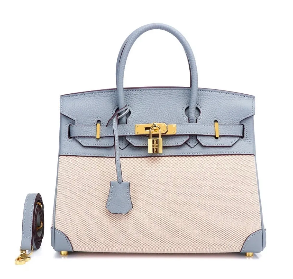 Two Tone Genuine Leather Canvas Birkin