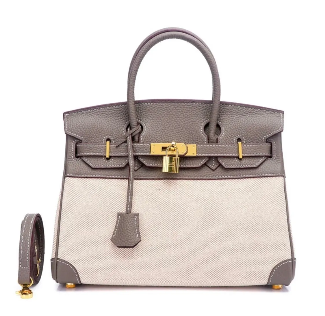 Two Tone Genuine Leather Canvas Birkin