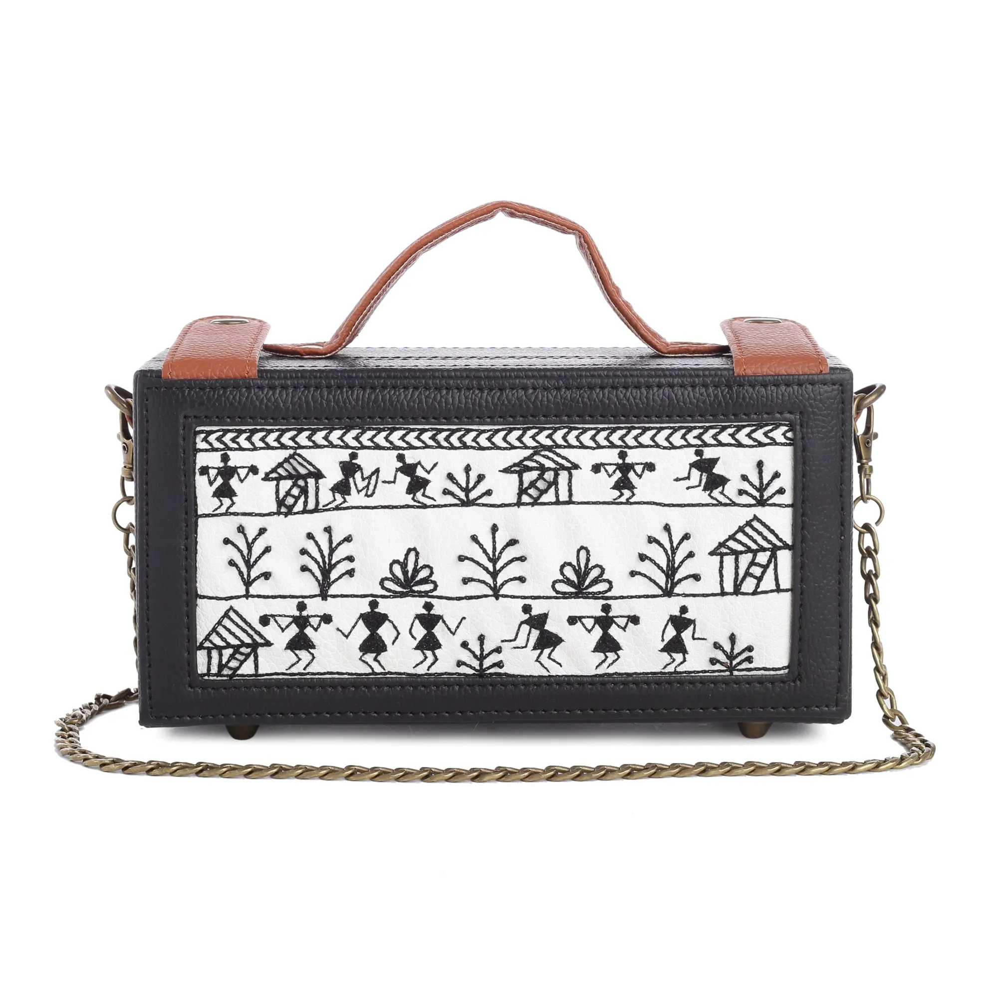 Warli Art Hand Embroidered Crossbody Clutch Bag For Women